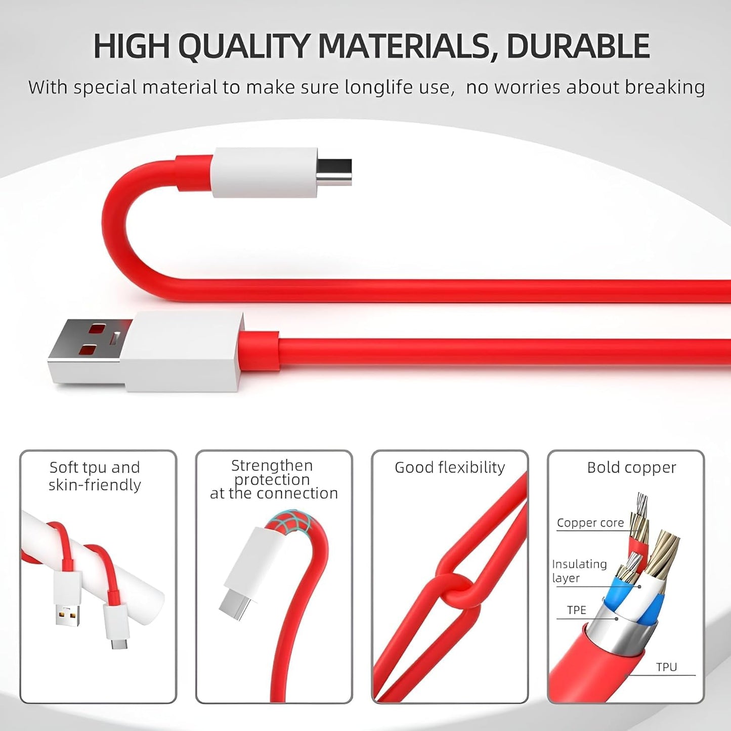 OBBLESS 80W Warp SuperVooc Fast Charger Cable | USB to Type C | For OnePlus 11/10 Pro/10R/9R/8T/Nord CE 2 Lite/CE 3 Lite | Red