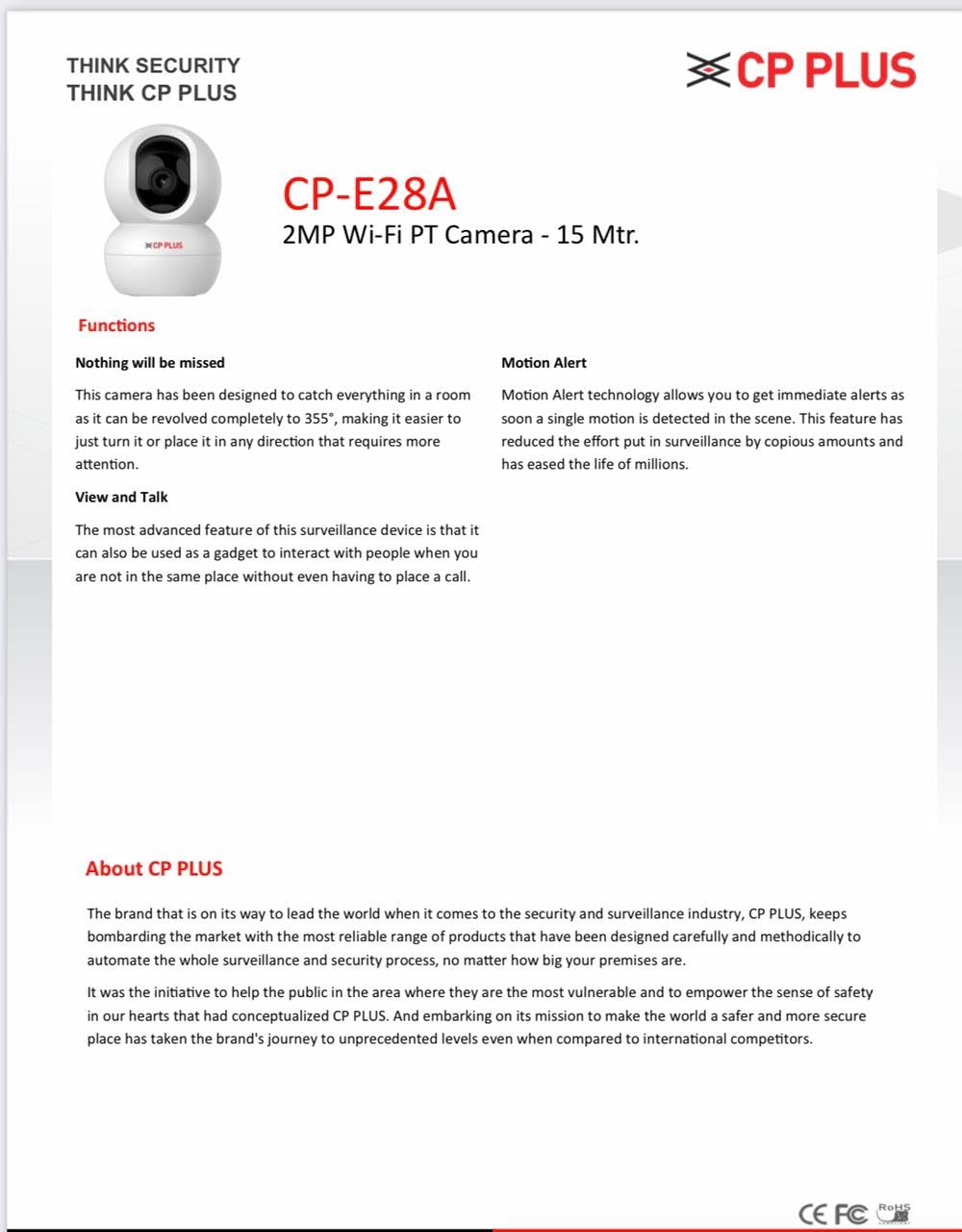 CP PLUS Full HD 2MP Smart Wi-Fi PT Camera with 360° View, Night Vision, SD Card Support & 2-Way Audio