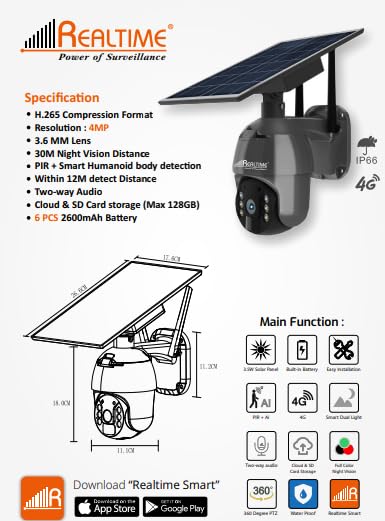 Realtime C9 Plus 4MP Smart 4G Solar PTZ Camera | 360° Detection | 30M Night Vision Distance | Two Way Audio | Cloud & SD Card Storage