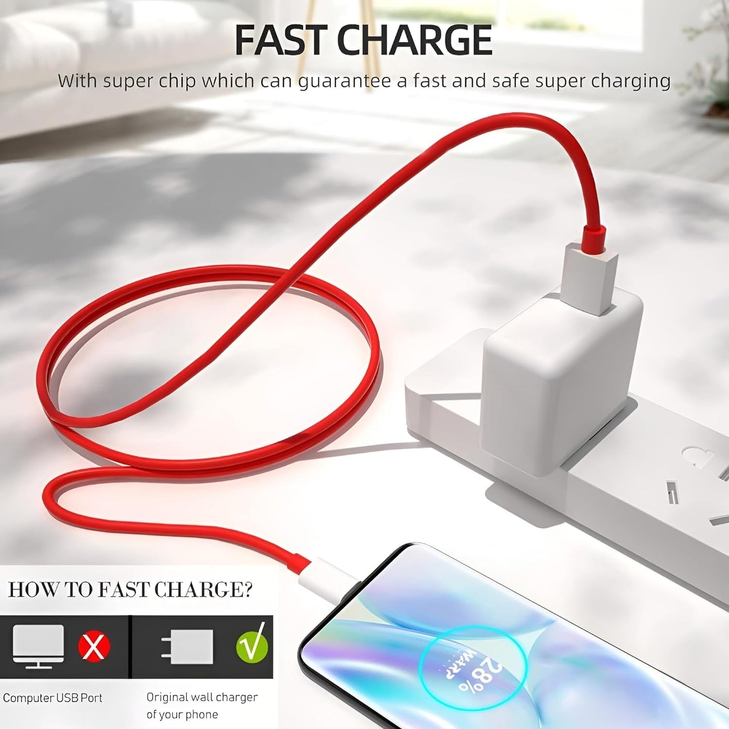OBBLESS 80W Warp SuperVooc Fast Charger Cable | USB to Type C | For OnePlus 11/10 Pro/10R/9R/8T/Nord CE 2 Lite/CE 3 Lite | Red